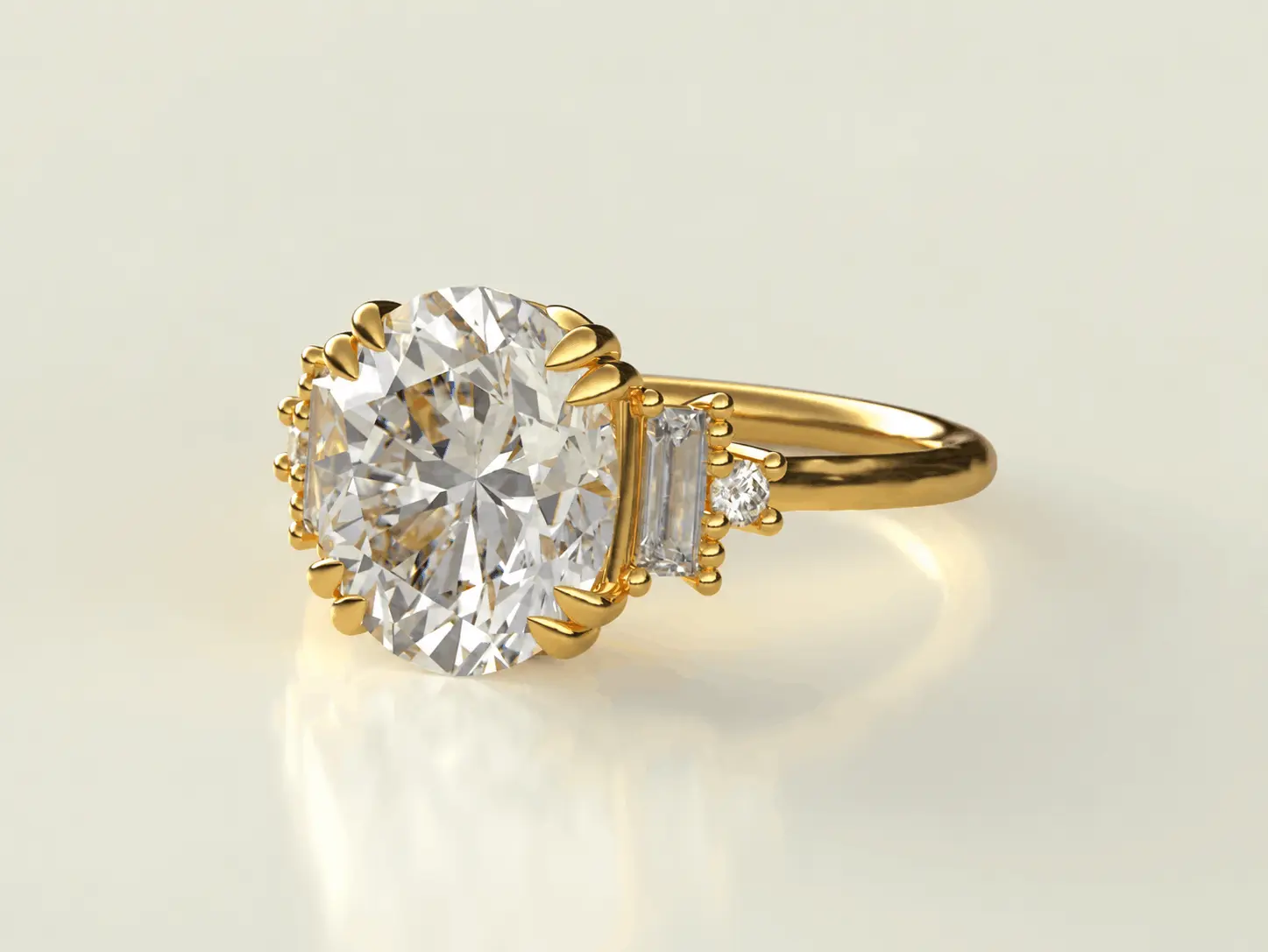 Oval Diamond and Baguette Side Stone Ring - 3D Gold Jewelry Render