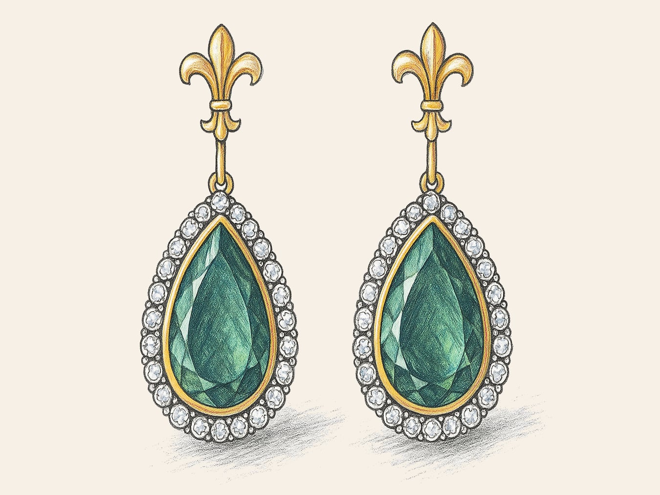 Teardrop Emerald and Diamond Earrings: Hand-Rendered Jewelry Illustration