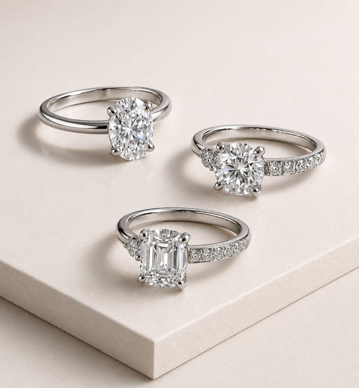 Three diamond engagement rings rendering