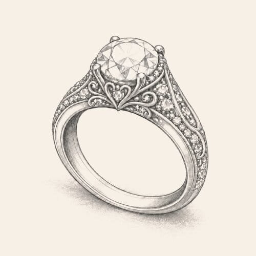 Hand-drawn sketch of a vintage diamond engagement ring with round center stone, filigree scrollwork and pavé-set band